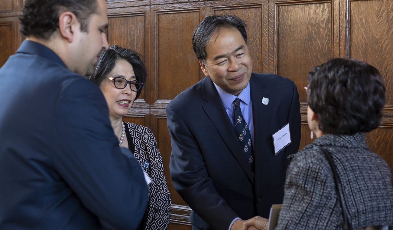 A. Gabriel Esteban, Ph.D., president of DePaul University, and his wife Josephine greet guests at the 14th Annual Consular Corps Luncheon on April 2 in Cortelyou Commons. (DePaul University/Jeff Carrion)